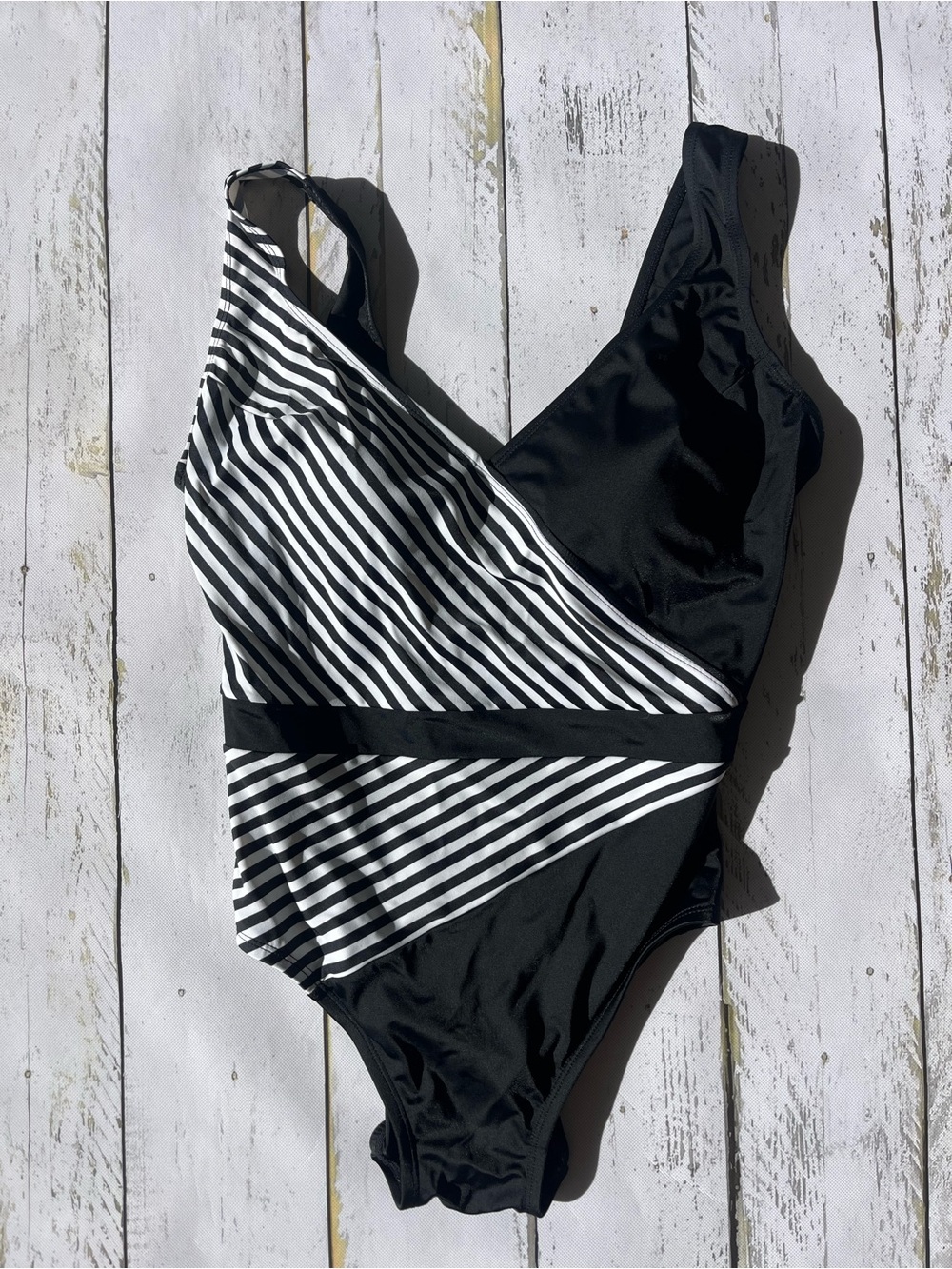 Longitude Black and White Striped One-Piece Swimsuit large